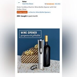 NIB Oster Cordless Electric Wine Bottle Opener with Foul Cutter in Silver